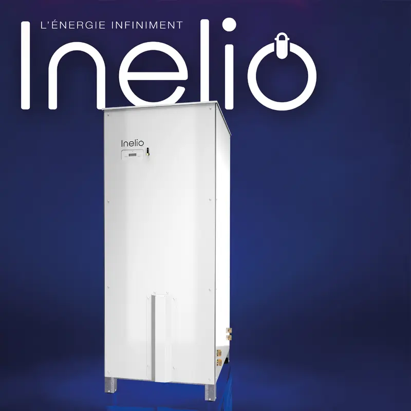 Présentation du système énergétique innovant Inelio, avec une photo du produit et son logo