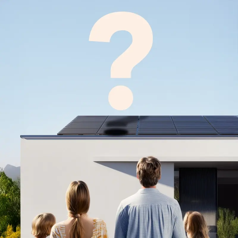 Famille devant une maison avec panneaux solaires sous un point d'interrogation, symbolisant les questions sur l'installation de panneaux solaires et leurs avantages