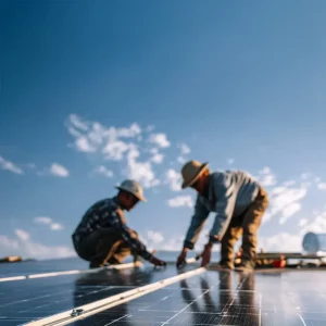 Installateurs professionnels en train de poser des panneaux solaires photovoltaïques sur un toit