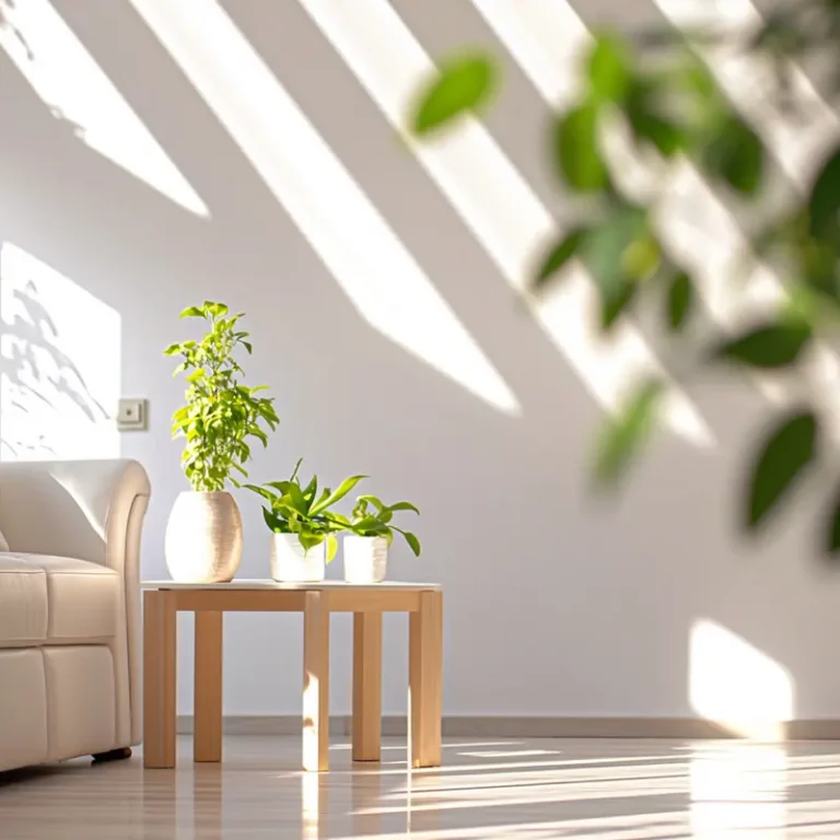 Intérieur lumineux avec plantes vertes et mobilier épuré, symbolisant la rénovation écologique et une maison verte