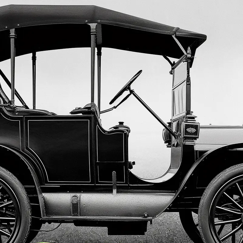 Photo en noir et blanc d'une voiture ancienne du début du 20ème siècle, illustrant l'histoire de la première voiture électrique