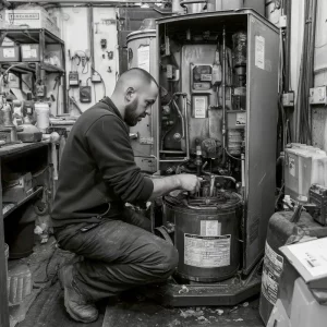 Chauffagiste professionnel intervenant sur une ancienne chaudière au fioul avant son remplacement par un système plus moderne