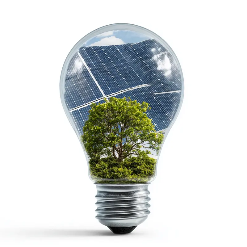 Le concept des énergies renouvelables, symbolisé par une ampoule contenant un arbre vert et des panneaux solaires