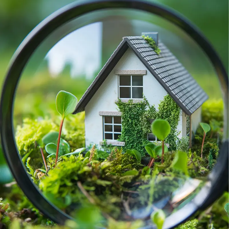 Le concept de l'audit énergétique, symbolisé par une loupe qui examine une maquette de maison entourée de verdure