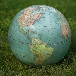 Un globe terrestre posé dans l'herbe verte, symbolisant la planification écologique et la protection de la planète