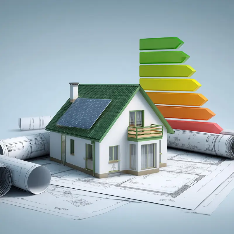 Projet de rénovation globale d'une maison en 2025, illustré par une maquette sur des plans d'architecte visant à améliorer le Diagnostic de Performance Énergétique (DPE)