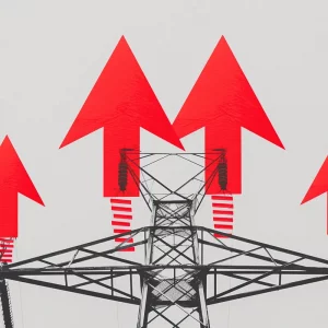 Illustration de l'augmentation du prix de l'électricité en février 2024, avec des flèches rouges de hausse sur un pylône électrique