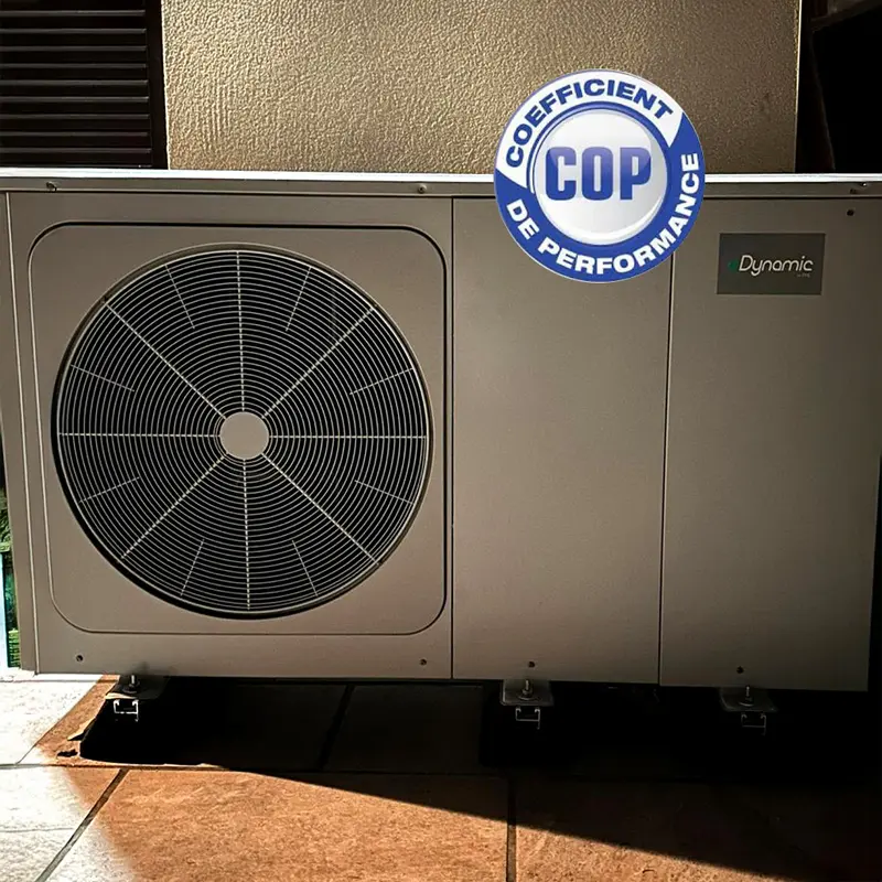 ompe à chaleur avec indication du COP (coefficient de performance)