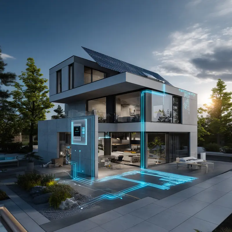 Maison connectée avec panneaux solaires et gestion énergétique intelligente