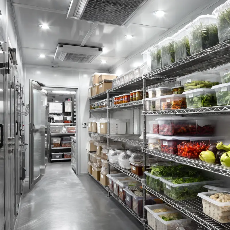 Chambre froide professionnelle avec rayonnages en inox et stockage alimentaire