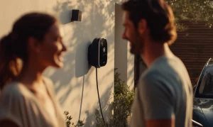 Installation d’une borne de recharge électrique à domicile : couple devant leur équipement installé sur la façade de la maison