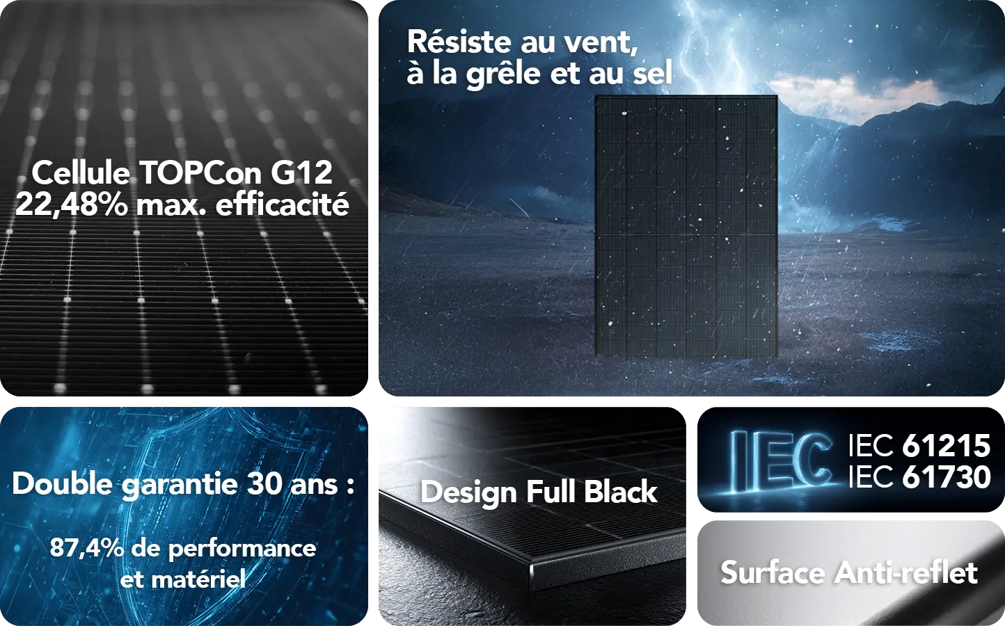 Caractéristiques du panneau solaire FHE : haute efficacité de 22,48%, design Full Black, garantie 30 ans, et haute résistance au vent, à la grêle et au sel