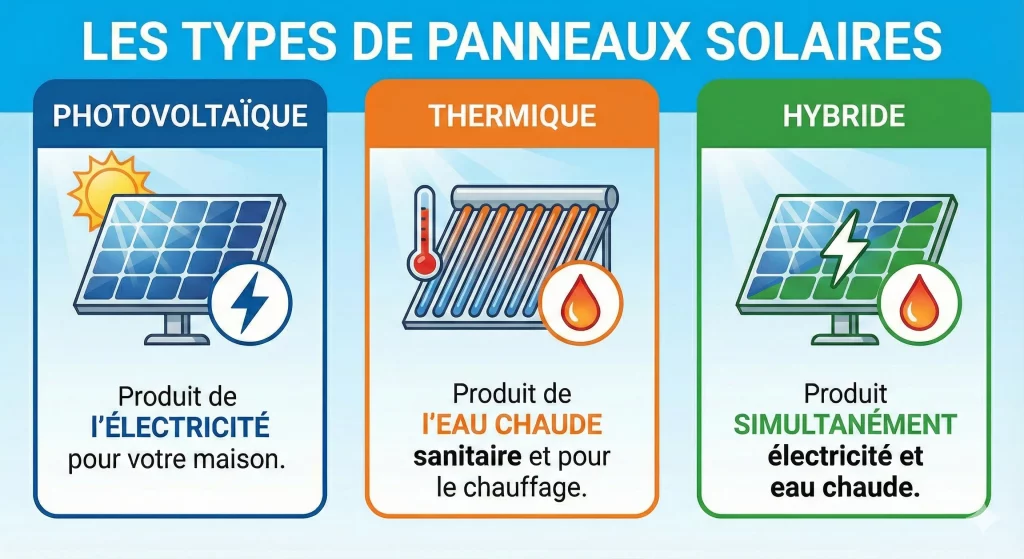 Visuel présentant les 3 différentes types de panneaux solaires