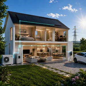 Maison équipée de panneaux solaires, batterie, pompe à chaleur et borne de recharge illustrant la flexibilité électrique