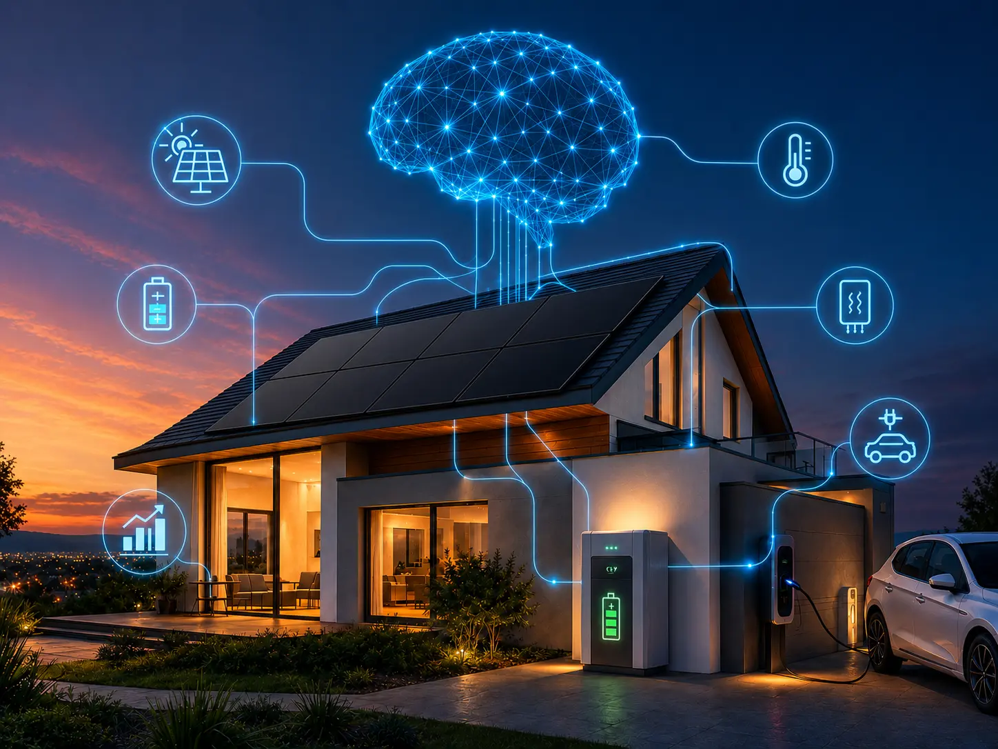 Maison équipée de panneaux photovoltaïques pilotés par intelligence artificielle avec batterie, borne de recharge et suivi énergétique connecté